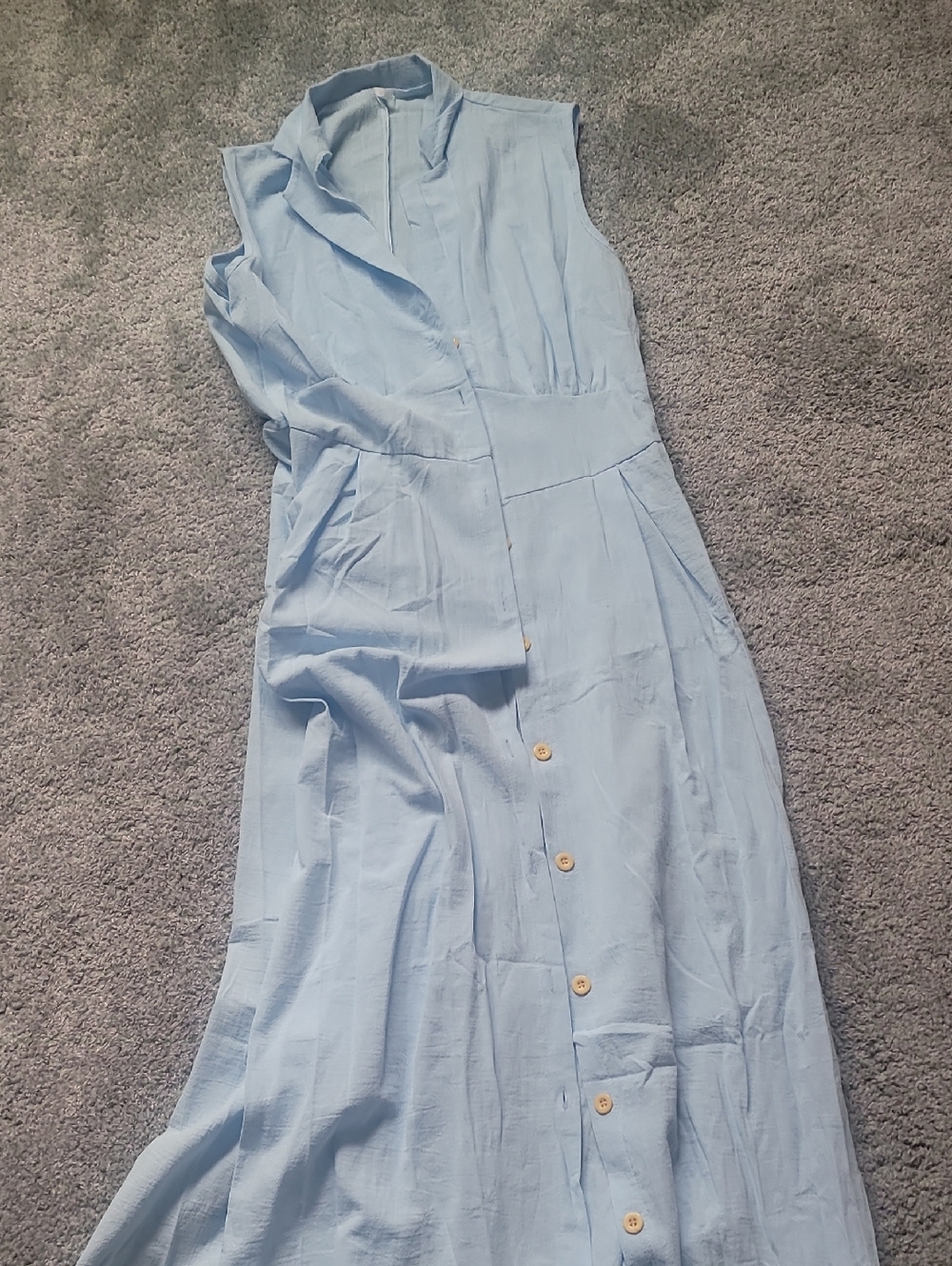 Sleeveless Light Blue Button-Down Maxi Dress with Waist Panel